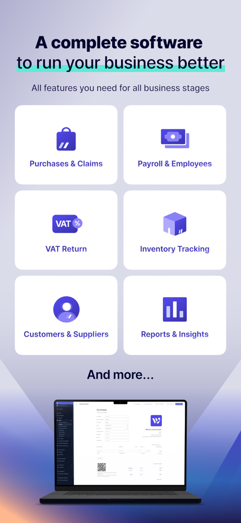 Wafeq Accounting & e-invoicing - Overview of Wafeq accounting software features including VAT returns, payroll, inventory tracking, and financial reports.