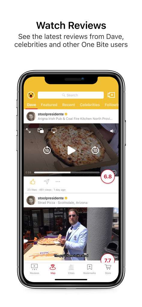 One Bite by Barstool Sports - Schermata dell'app One Bite che mostra recensioni video di pizza e valutazioni
