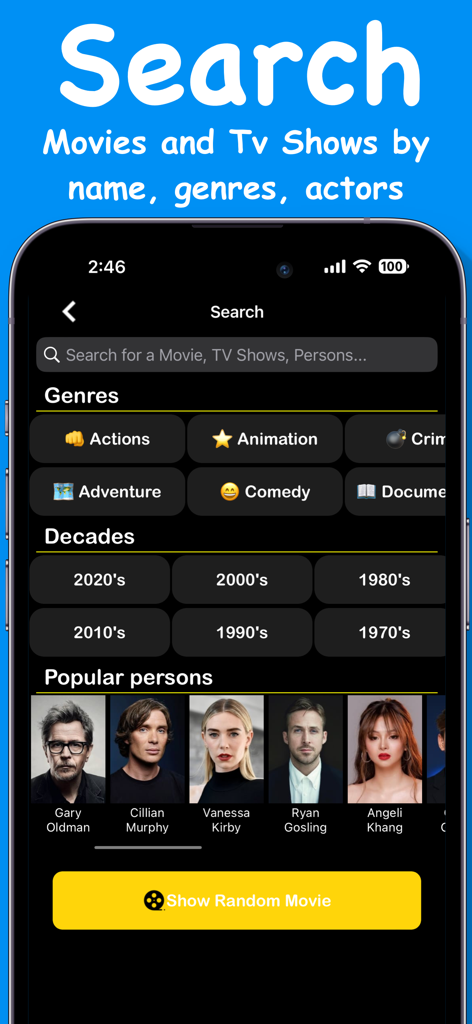 Movies Box & TV Show - Search screen of the Movies Box app with filters for genres, decades, and popular actors.