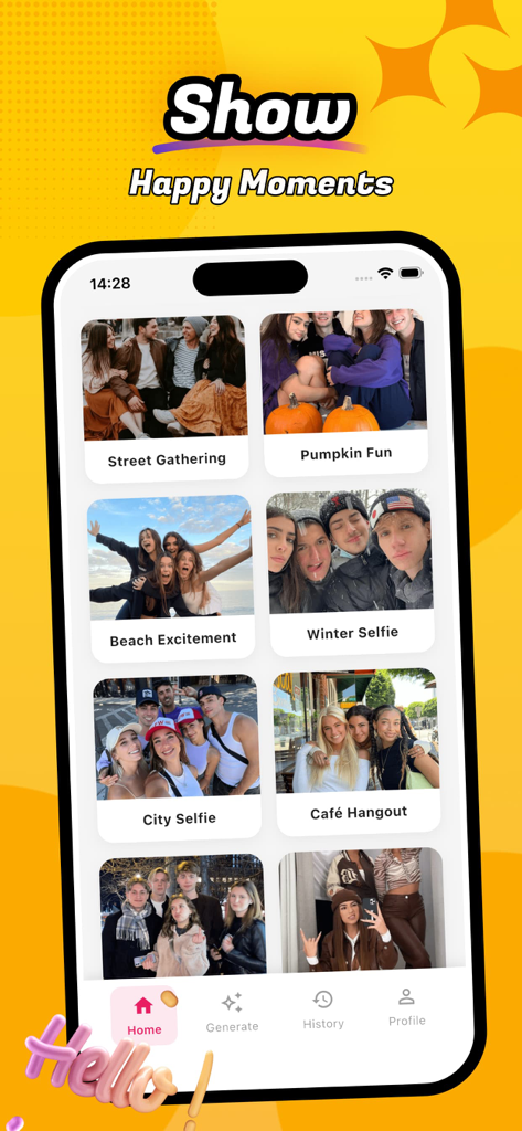 Wiloo - Enjoy Fun - Die Wiloo-App-Startseite zeigt eine Galerie von Freundschaftsfoto-Erinnerungen und KI-generierten Bildunterschriften.