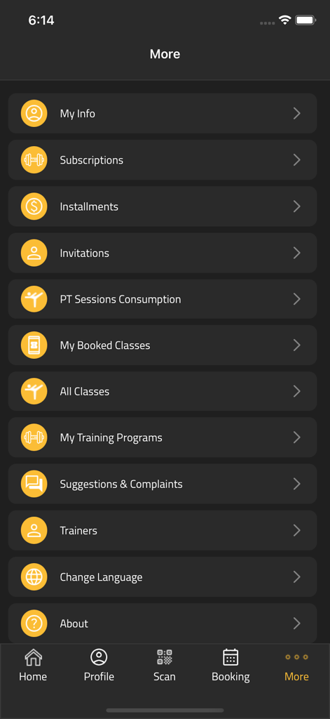 Be Hulk Gym - Be Hulk Gym app more menu screen showing member services and account settings.