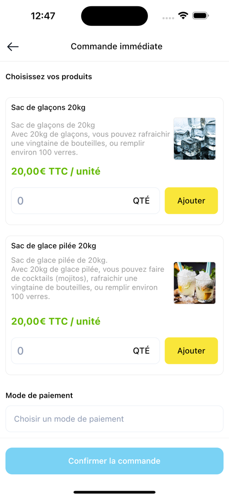 Happy Glaçons - Happy Glacons app interface for ordering bags of ice cubes and crushed ice