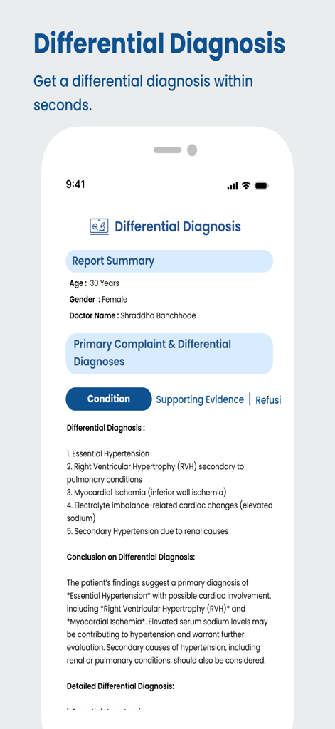VKonnect Health app interface displaying an AI-generated differential diagnosis report for a medical professional.