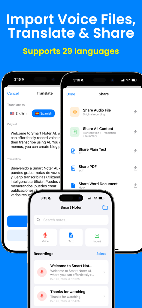 Smart Noter AI: Voice Notes - Smart Noter AI screenshot showcasing voice note translation and sharing options in multiple formats