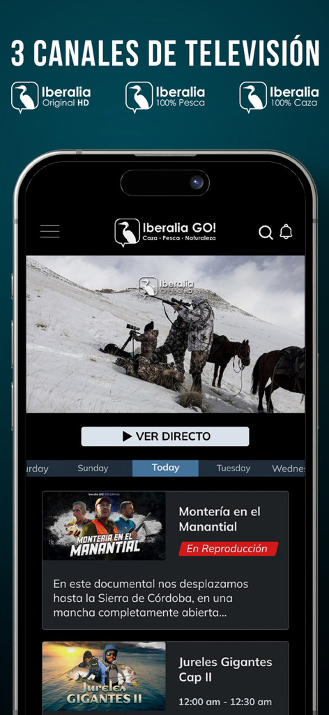Interfaz de la app móvil Iberalia GO mostrando tres canales de TV en vivo para documentales de caza y pesca.