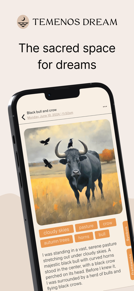 Temenos Dream: Dream Analysis - Smartphone screen showing the Temenos Dream app interface with a dream journal entry and an AI-generated image of a bull and a crow.