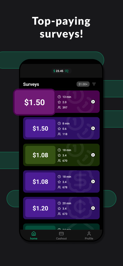 SurveyBank: Earn Cash - Interface of the SurveyBank app displaying a list of available surveys with cash reward amounts and estimated completion times