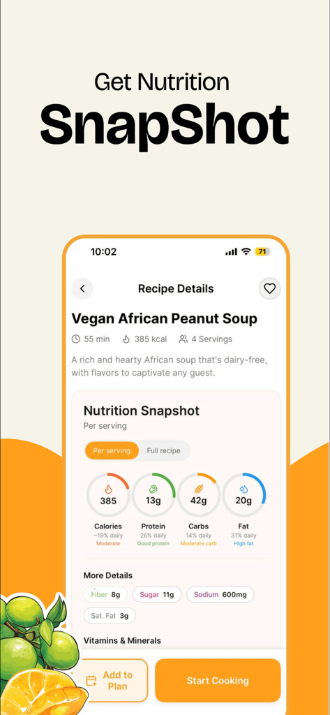 PocketChef - Meal Planner - Desglose nutricional de una receta vegana que incluye calorías y macronutrientes en la aplicación PocketChef.