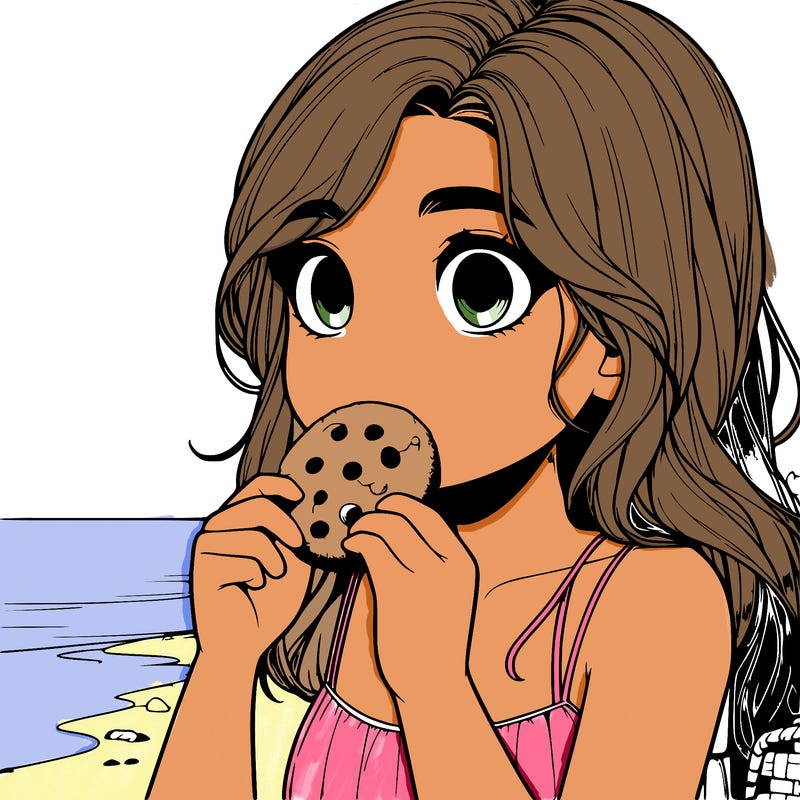 realistic girl eating a cookie on beach