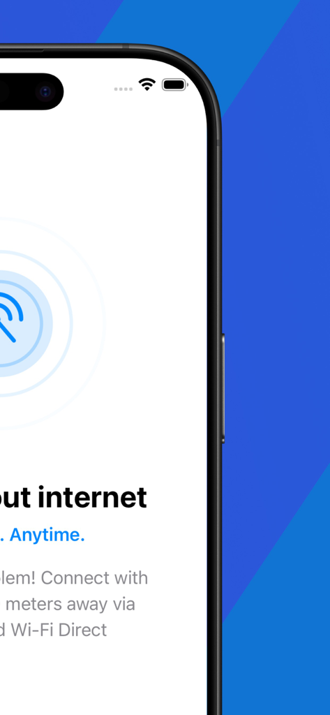 Proxima - Offline Messenger - Proxima app screen describing chat functionality without internet using Wi-Fi Direct