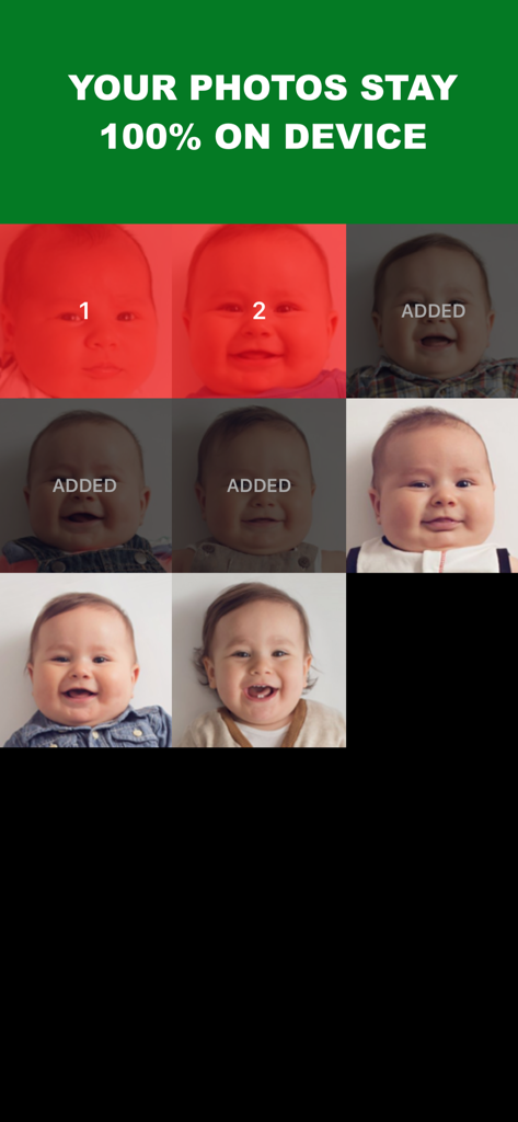 MORPH - Face Story & Slideshow - App interface showing baby photos being selected with a green banner highlighting 100% on-device privacy.