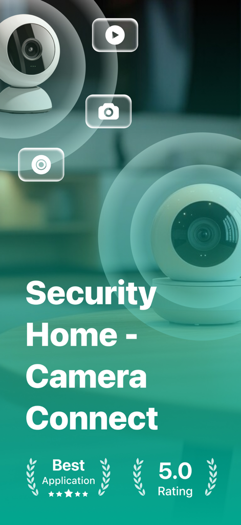 Security Home - Camera Connect - Security Home Camera Connect app interface with smart security cameras and a five star rating