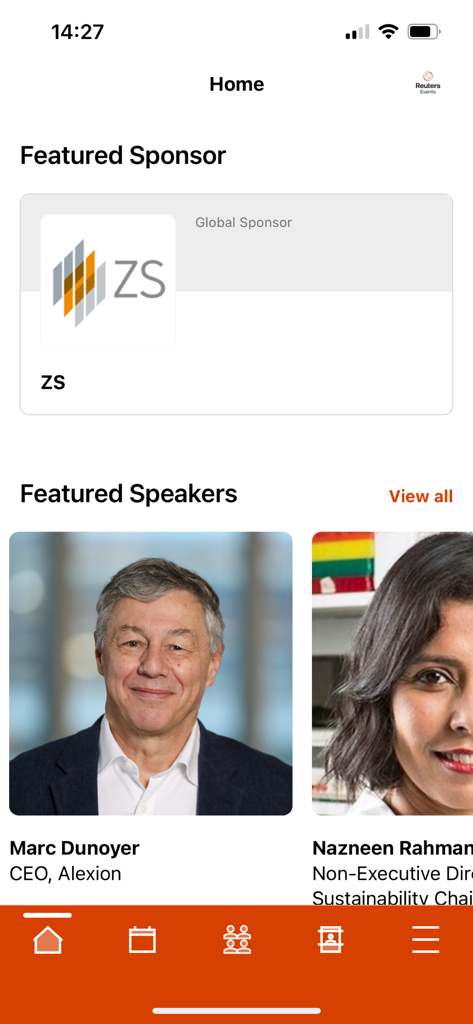 Home screen of the Reuters Events app displaying featured sponsors and industry speakers like Marc Dunoyer.