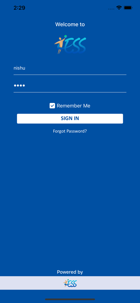 Tess360 corporate travel and expense app login screen
