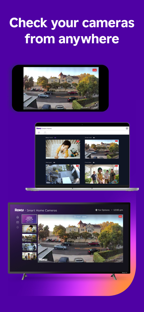 Aplicación Roku Smart Home mostrando transmisiones de cámara en vivo en un teléfono inteligente, computadora portátil y pantalla de TV.