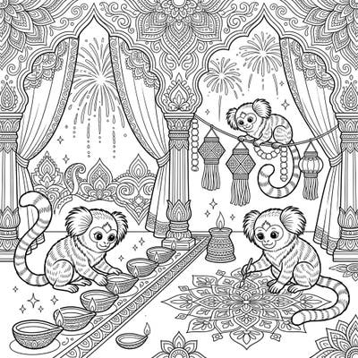 Dive into the joyous spirit of Diwali with these charming marmosets! This unique coloring page blends the adorable world of these tiny monkeys with the vibrant traditions of the festival of lights.