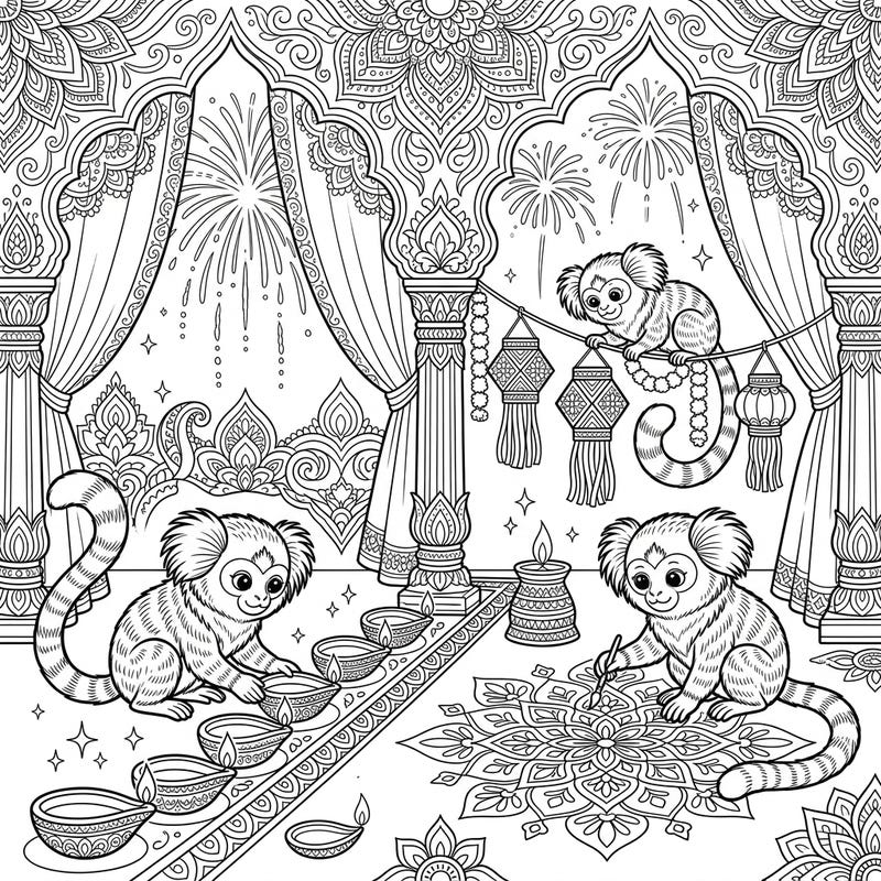 Dive into the joyous spirit of Diwali with these charming marmosets! This unique coloring page blends the adorable world of these tiny monkeys with the vibrant traditions of the festival of lights.