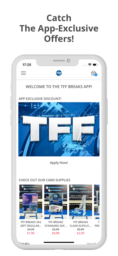 TFF Breaks - TFF Breaks app interface showing exclusive discounts on soccer trading card supplies.