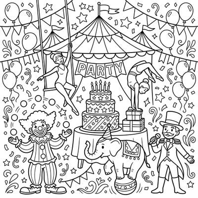 Celebrate a grand birthday with this exciting circus-themed coloring page! Join cheerful clowns, skilled acrobats, and a festive elephant for a vibrant coloring adventure.