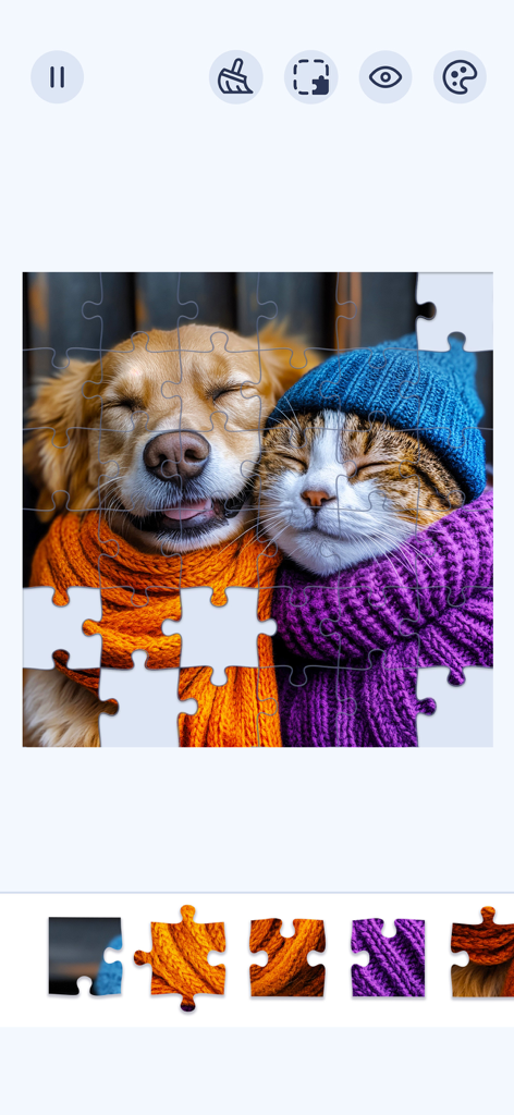 Jigsawgram: Jigsaw Puzzle - A digital jigsaw puzzle featuring a cute dog and cat wearing colorful winter scarves and a beanie.