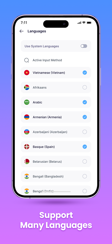 Neon LED Keyboard app screen showing a list of supported languages with national flags