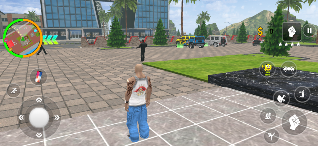 A third-person gameplay view of a character standing in an open world city plaza with vehicles and UI controls