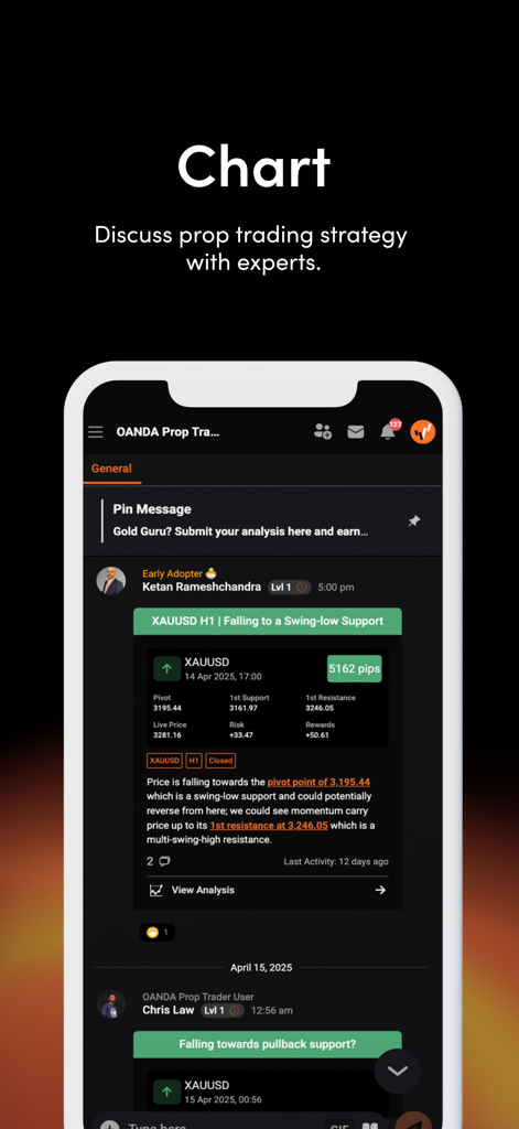 OANDA Prop Trader Community - OANDA Prop Trader Community mobile app interface showing market analysis and strategy discussion with experts