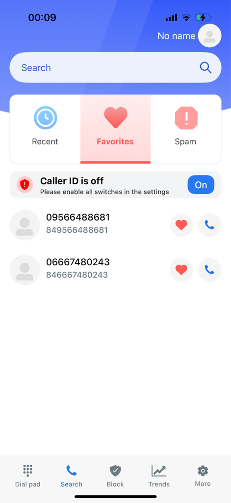 Whocall Caller ID & Lookup - Interfaz de búsqueda de la aplicación Whocall mostrando contactos favoritos y el interruptor de activación del identificador de llamadas