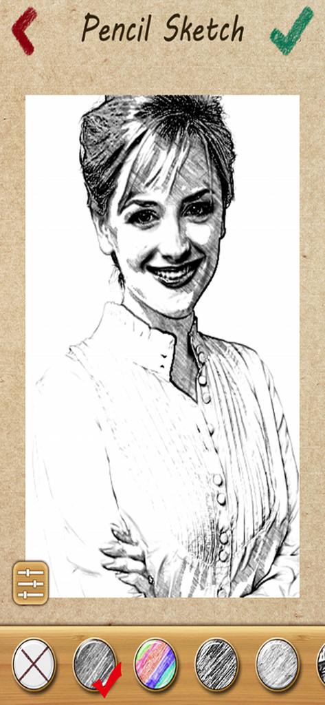 Pencil Sketch Photo Camera - Smiling woman portrait with a black and white pencil sketch filter applied in the app interface