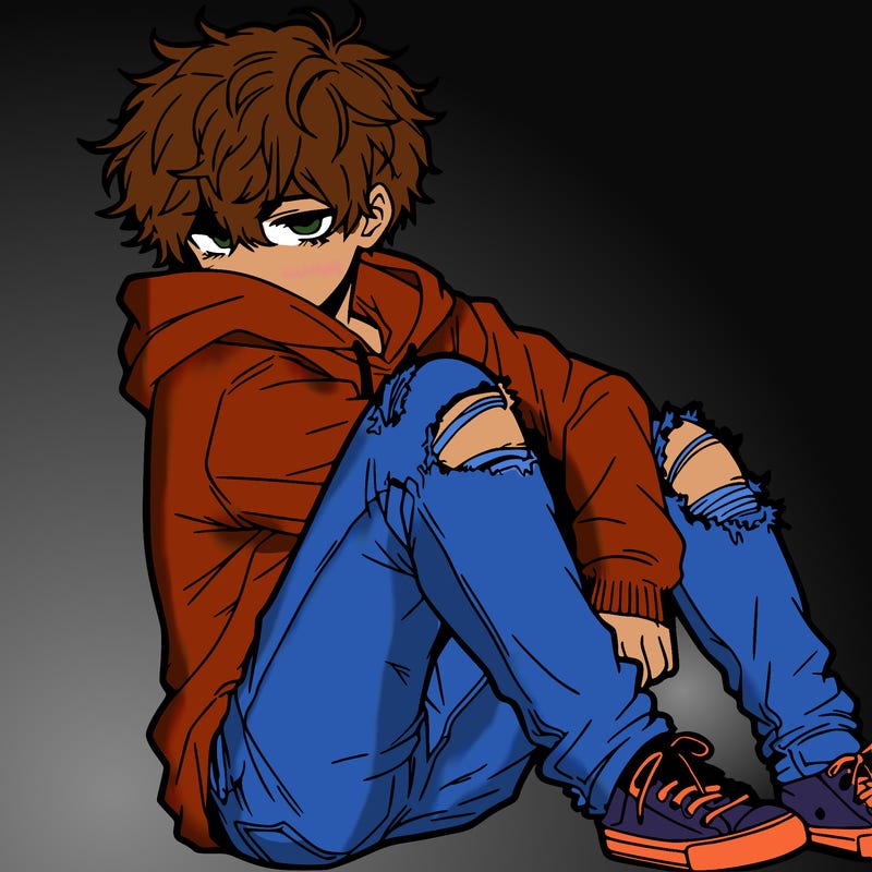 a male hoddie ripped jeans messy hair anime