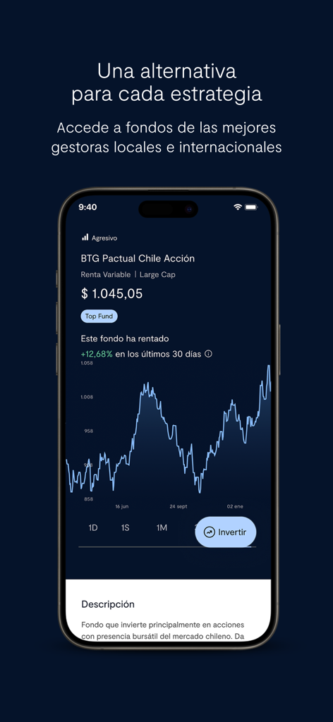 BTG Pactual Chile Inversiones - BTG Pactual Chile app interface showing a fund performance graph and investment options on an iPhone