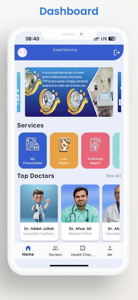 Um painel de aplicativo móvel do CMH Health Assist exibindo serviços médicos e uma lista de médicos.