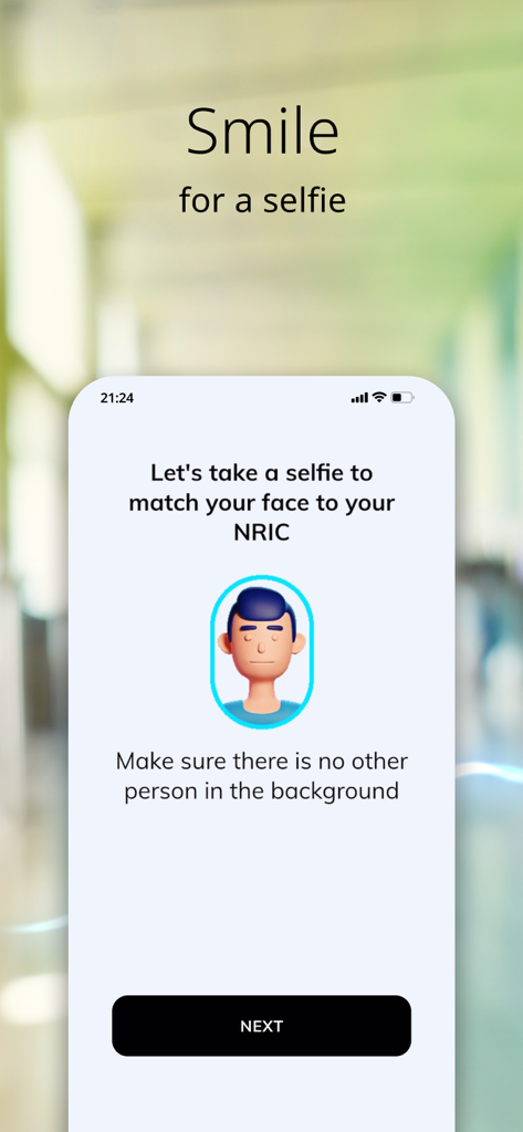 Mobile app screen prompting user to take a selfie to match their face to their NRIC for bank account opening