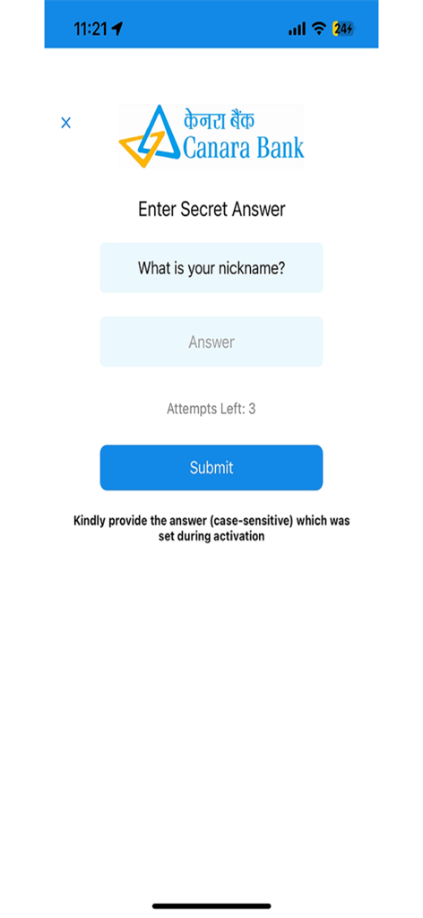 Canara CanDigital - Canara CanDigital security verification screen asking for a secret answer to a personal question