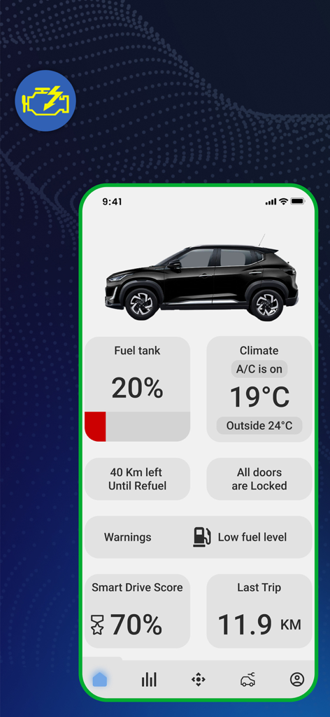 ScanMaster Lite: ELM327 OBD-2 - ScanMaster Lite dashboard showing real-time fuel levels and vehicle status