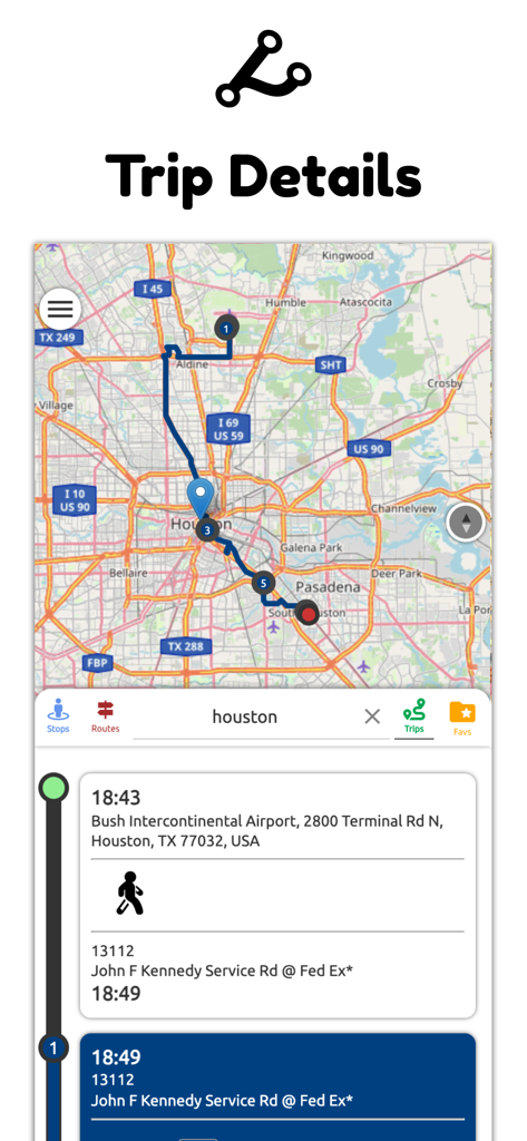 Houston Transit Metro - A mobile app screen showing trip details with a Houston map route and a step-by-step transit itinerary from Bush Intercontinental Airport.