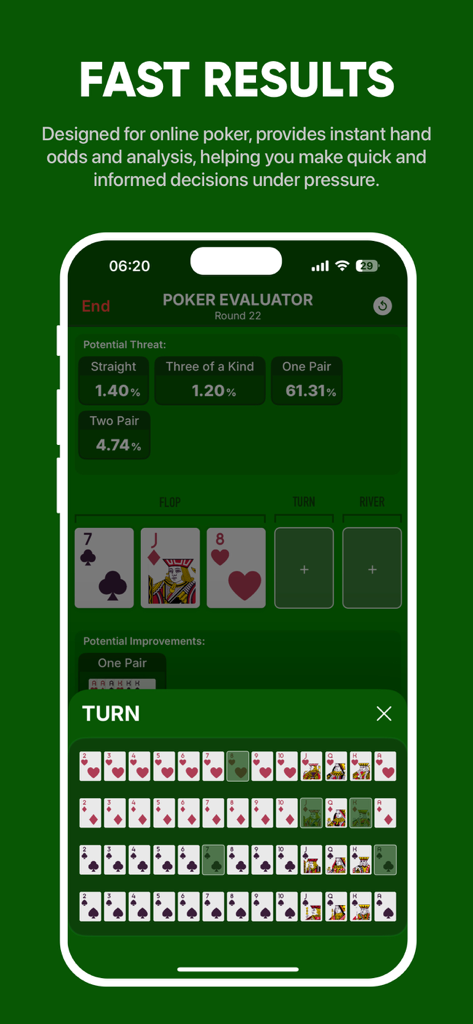 Aces - Poker Odds Calculator - Interfaz de la aplicación Aces Poker Odds Calculator mostrando evaluación de manos y amenazas potenciales durante una partida.