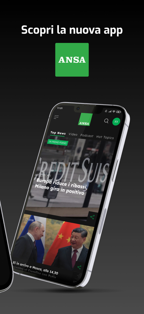 A smartphone showing the ANSA news app interface with headlines in Italian and navigation categories.