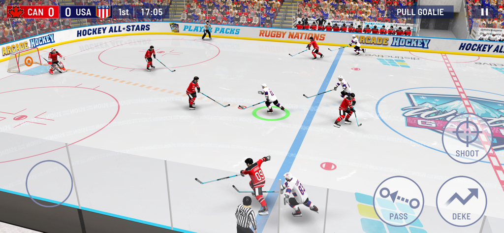 Hockey All Stars 24 - Captura de pantalla del juego de Hockey All Stars 24 mostrando un partido entre EE. UU. y Canadá en una pista de hielo