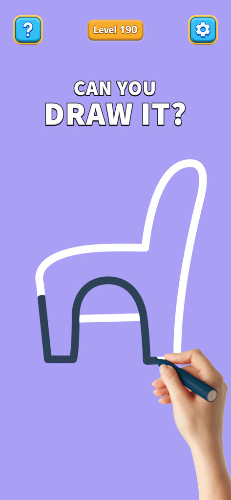 One Line: Drawing Puzzle Game - Eine Hand, die mit einer einzigen durchgehenden Linie eine Stuhlform in einem Gehirn-Puzzle-Spiel zeichnet