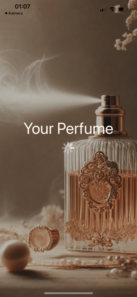 Your Perfume - Your Perfume app loading screen showing an elegant perfume bottle with a spray mist