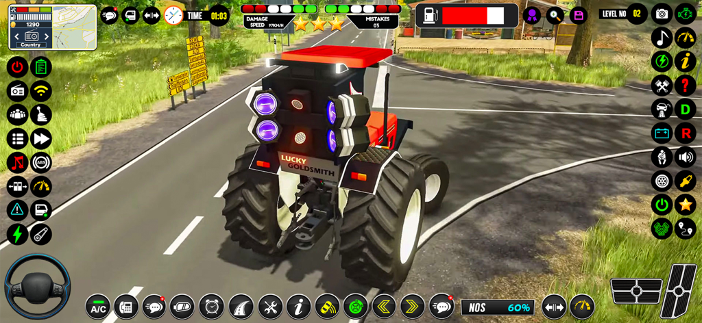 Tochan Tractors & Fields care - A high-tech tractor driving on a rural road in a 3D farming simulation game.