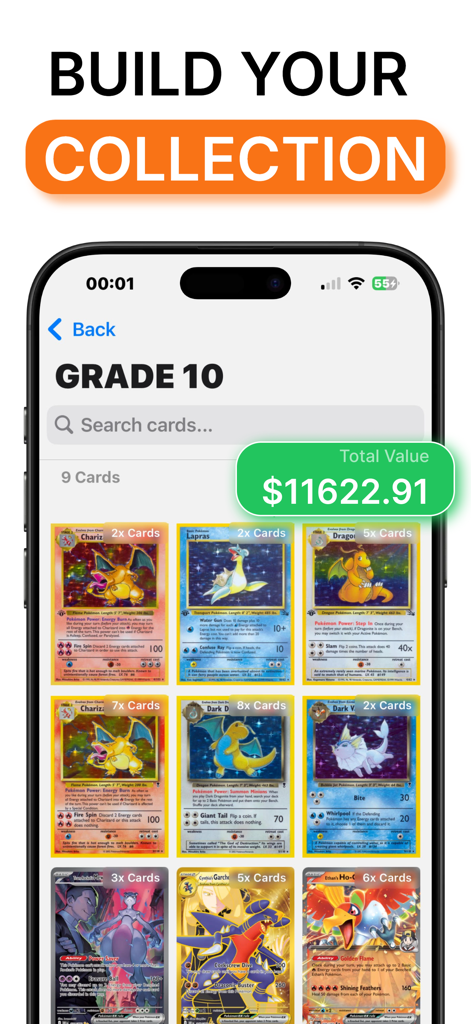 PTCG Value Scanner: Mintgrid - Digital binder in Mintgrid app showing high value Pokemon cards and total portfolio value