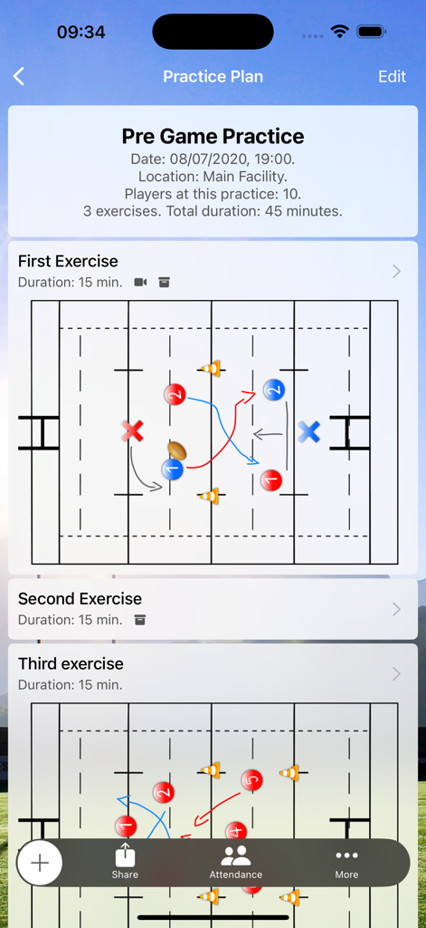 Assistant Coach Rugby - Rugby practice plan screen showing a tactical pitch diagram with player drills and session details