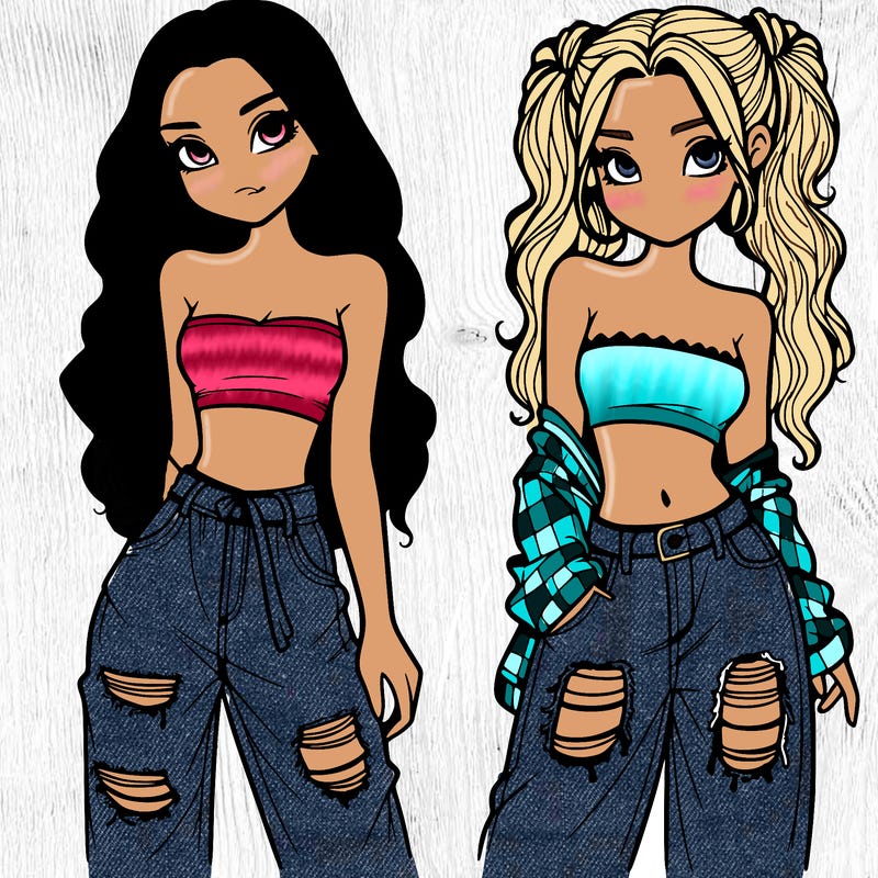 2 girls in crop tops and baggy jeans ripped