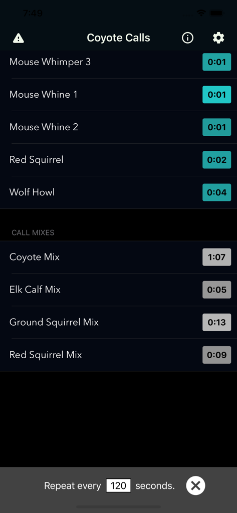 Screenshot of the Coyote Calls app showing animal sound categories and the customizable repeat frequency feature