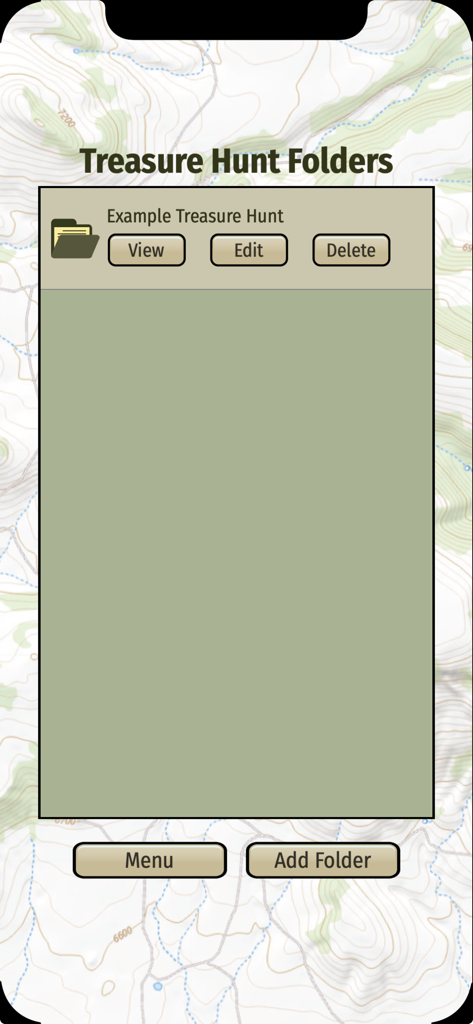 Treasure Hunt Helper - Interface of the Treasure Hunt Helper app displaying the Treasure Hunt Folders screen with options to view edit and delete hunt folders over a topographic map background