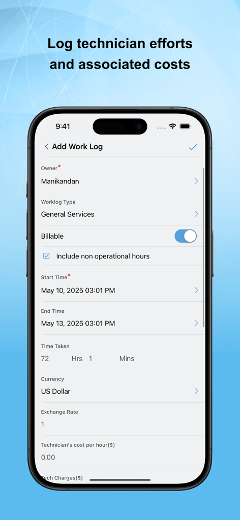 Interface pour enregistrer l'effort du technicien et les coûts de facturation dans l'application mobile ServiceDesk Plus MSP