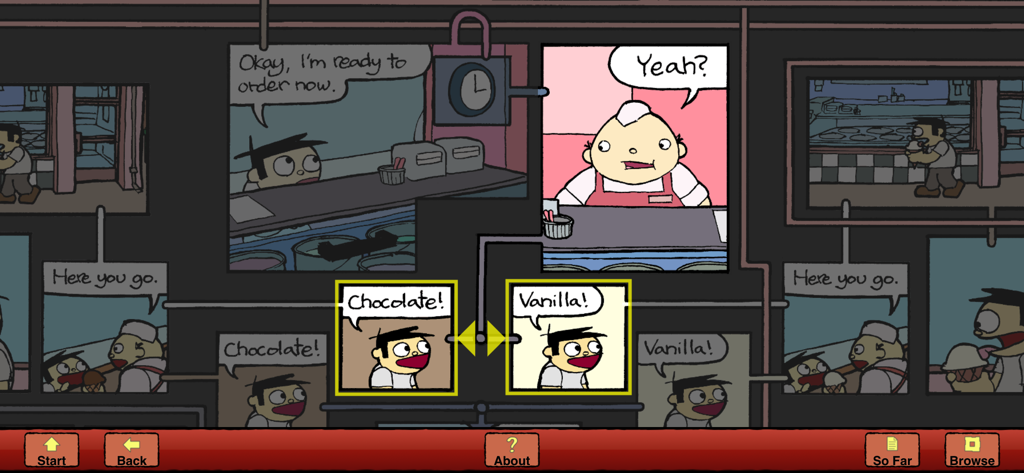 주인공이 초콜릿 아이스크림과 바닐라 아이스크림 중에서 선택해야 하는 상호 연결된 패널을 보여주는 디지털 코믹 인터페이스