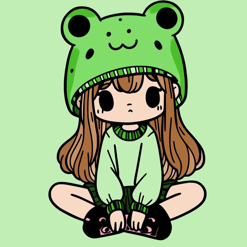 a girl wearing a frog hat and some frog socks